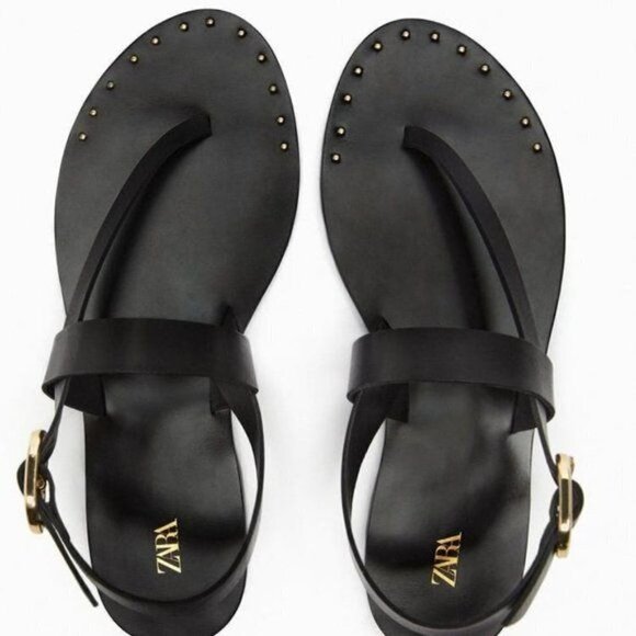 ZARA FLAT LEATHER SLIDER SANDALS WITH MICRO-STUDS BLACK SIZE 6.5 | 2620/110 - Picture 3 of 10